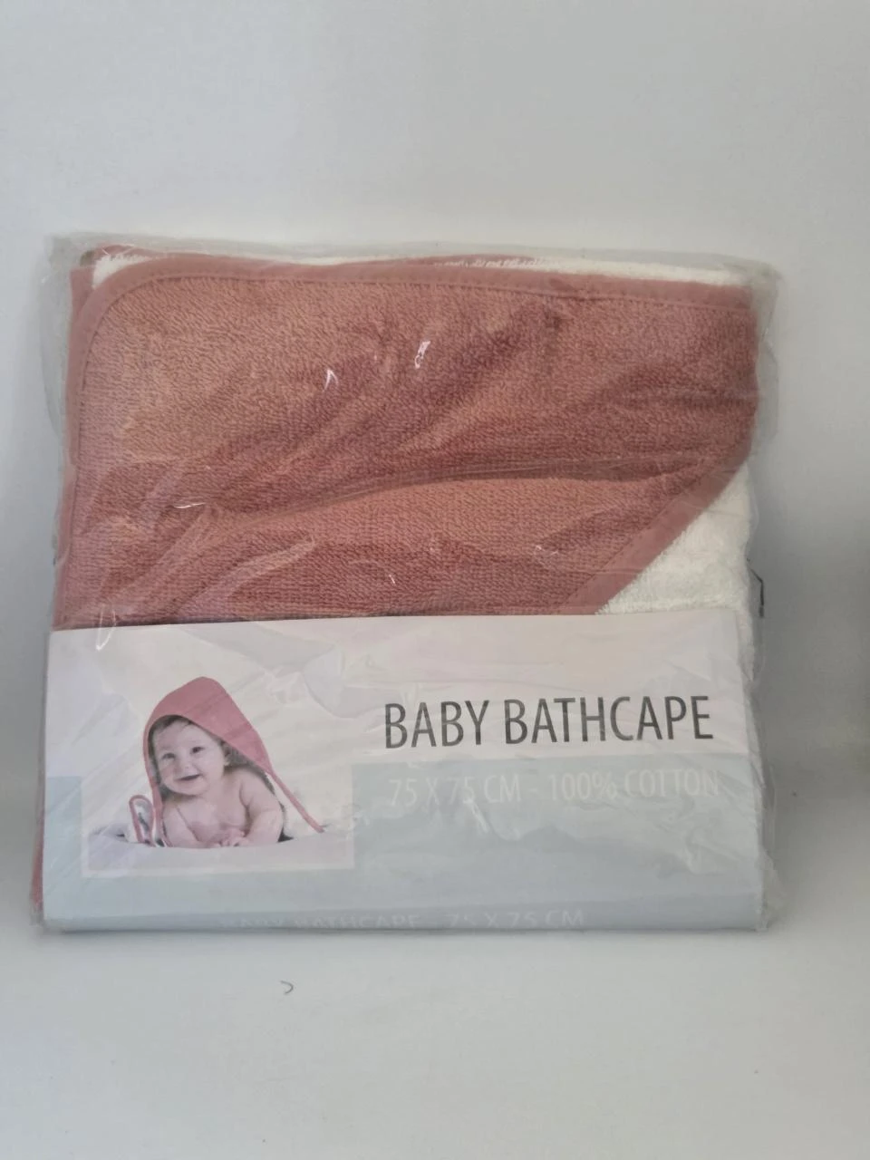 Cape de bain bébé rose et blanche 75 × 75 cm – Neuve emballée